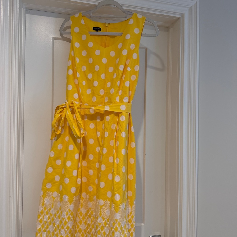 Talbots Yellow and White Polka Dot Midi Dress with Waist Tie